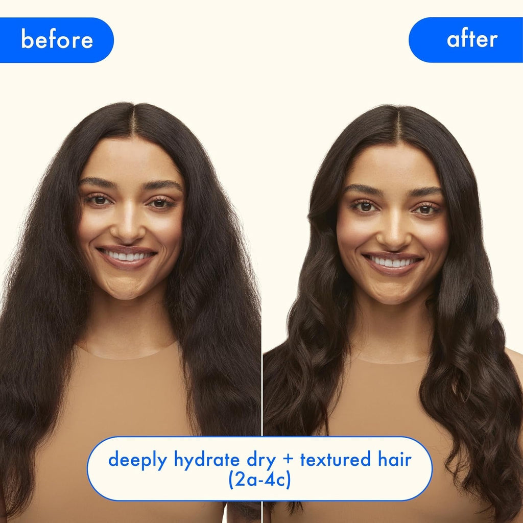 Woman with dark wavy hair, deep hydration before and after panels