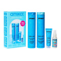 Hydrating wash and care set packaging with bottles and tubes in blue