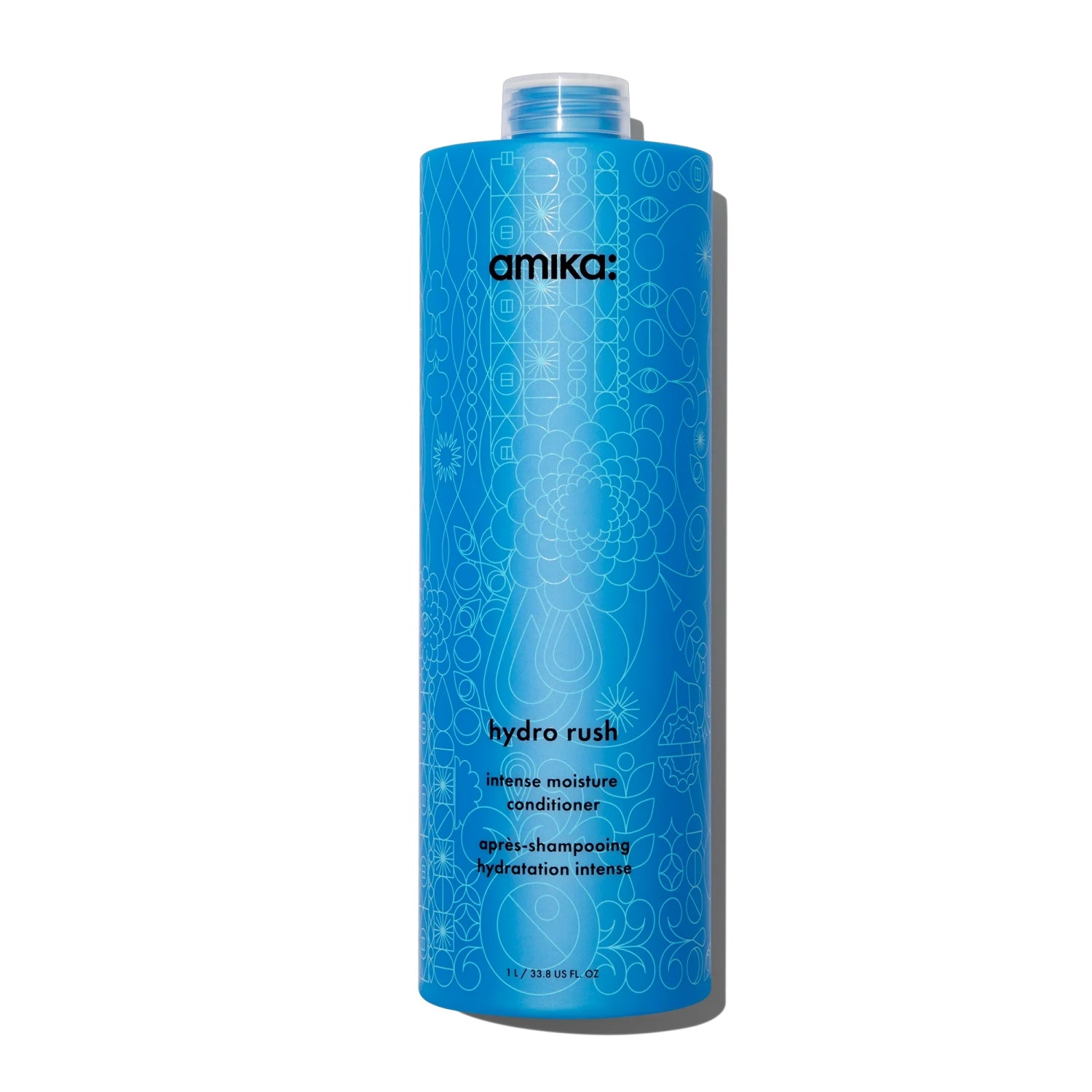 amika Hydro Rush intense moisture conditioner bottle back, blue label