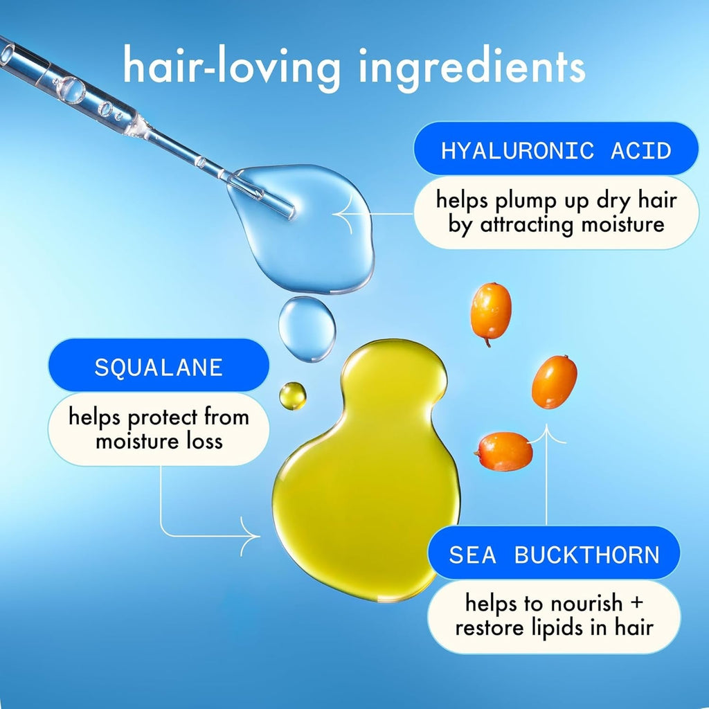 Hair conditioner ingredient infographic with hyaluronic acid, squalane, and sea buckthorn