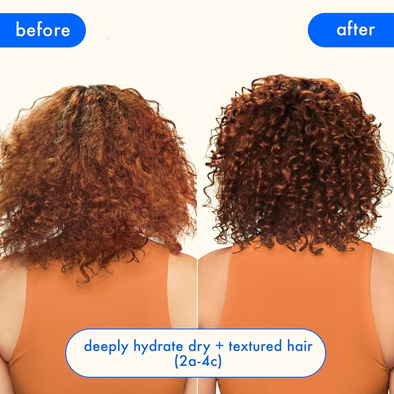 Split before-and-after view of brown, curly hair with defined hydrated texture