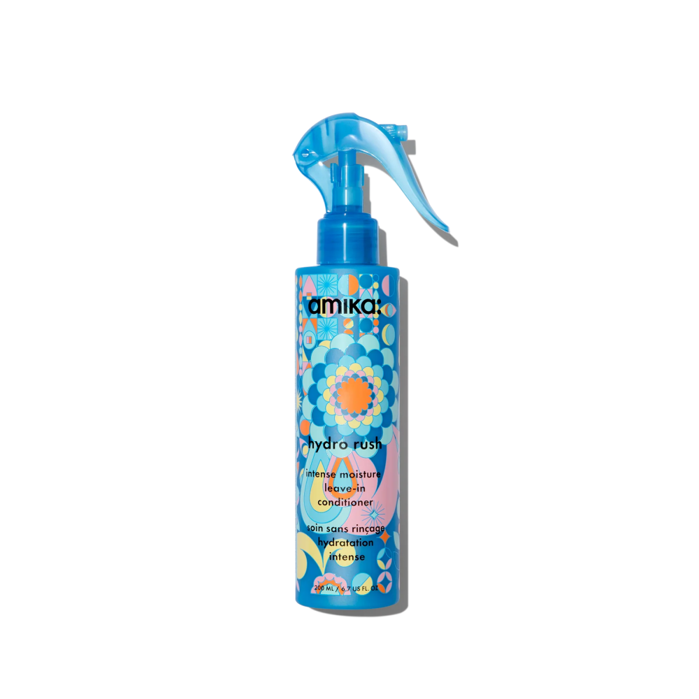 Amika Hydro Rush leave-in conditioner spray bottle with blue pump and label