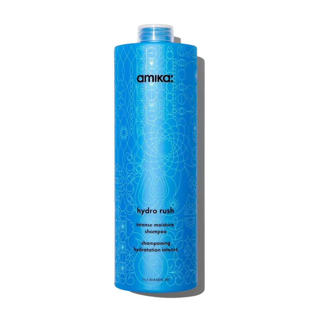 Hydro Rush intense moisture shampoo bottle, blue label with hydro rush text