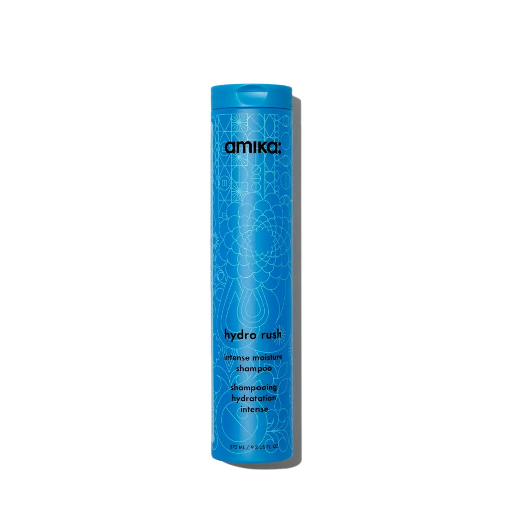Hydro Rush intense moisture shampoo bottle, blue with amika logo and label