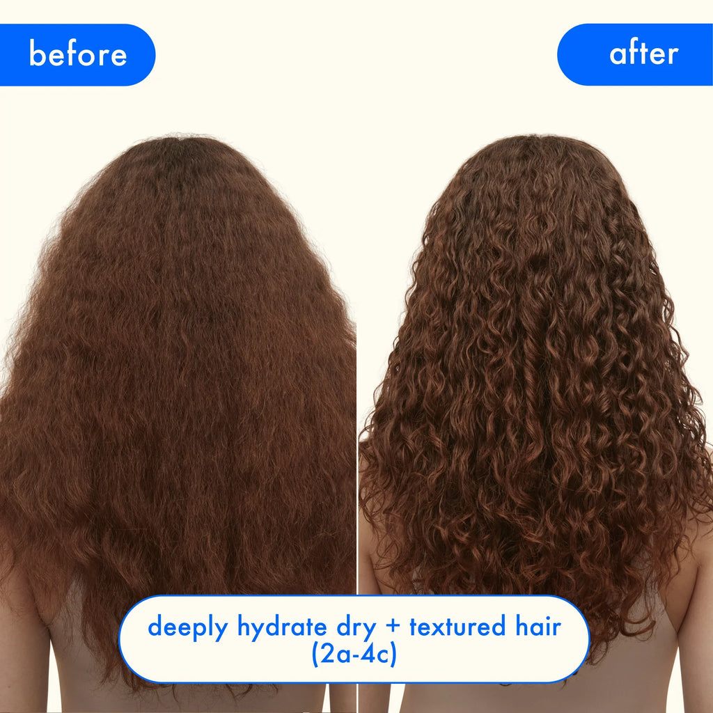 Hydrating shampoo before-and-after on curly hair, text 'before' and 'after'
