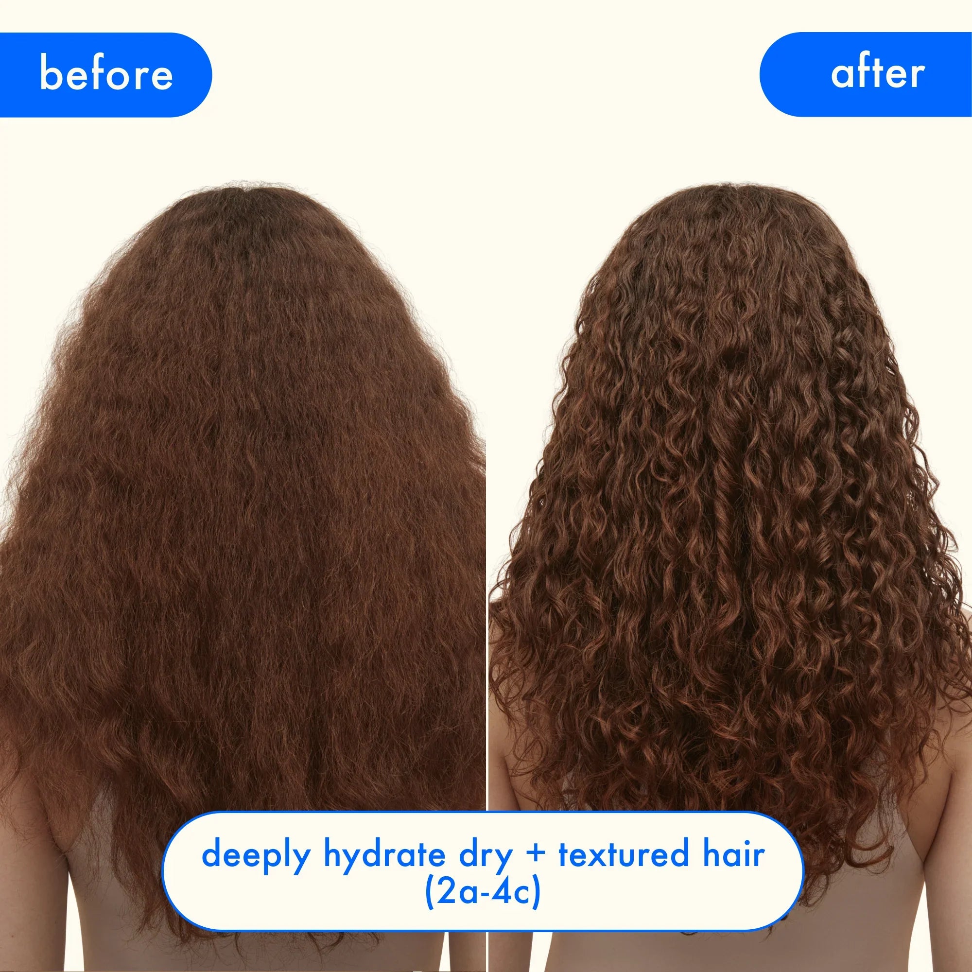 Hydrating shampoo before-and-after on curly hair, text 'before' and 'after'