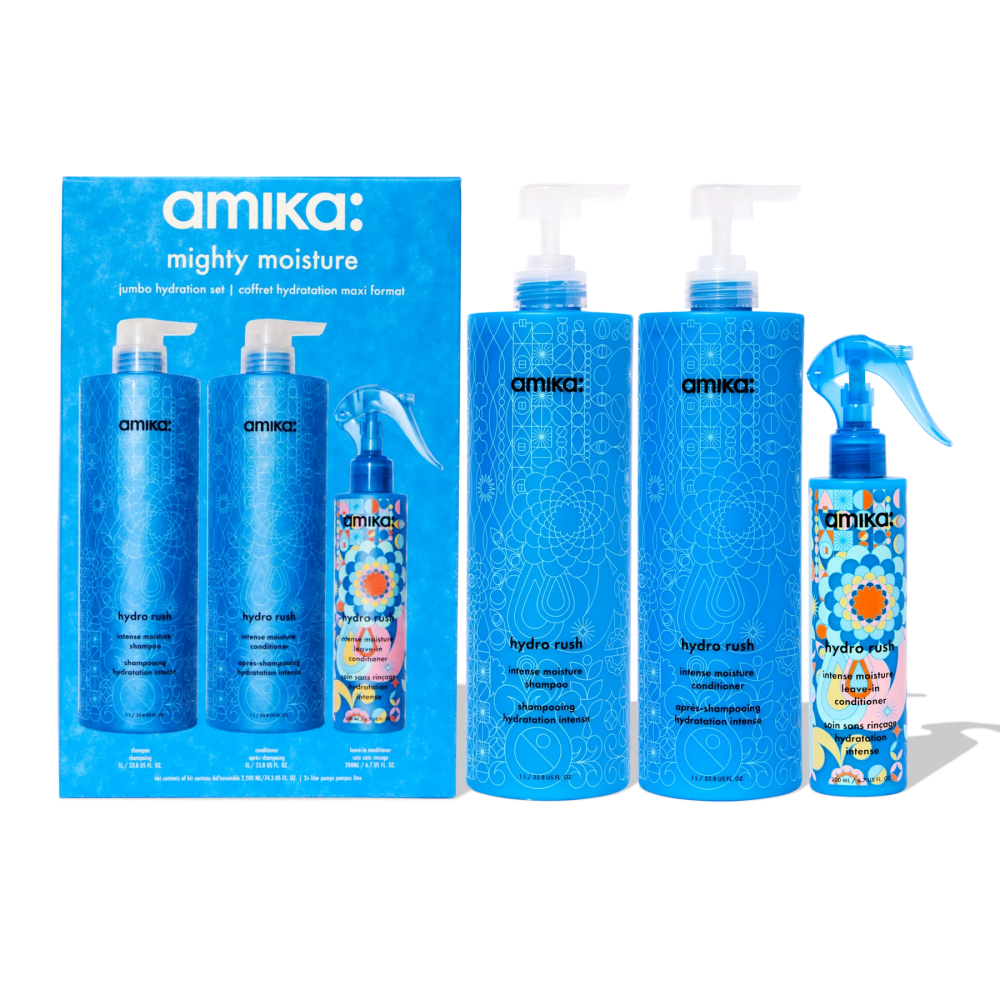Hydration set with blue pump bottles and spray bottle, shown with product box.