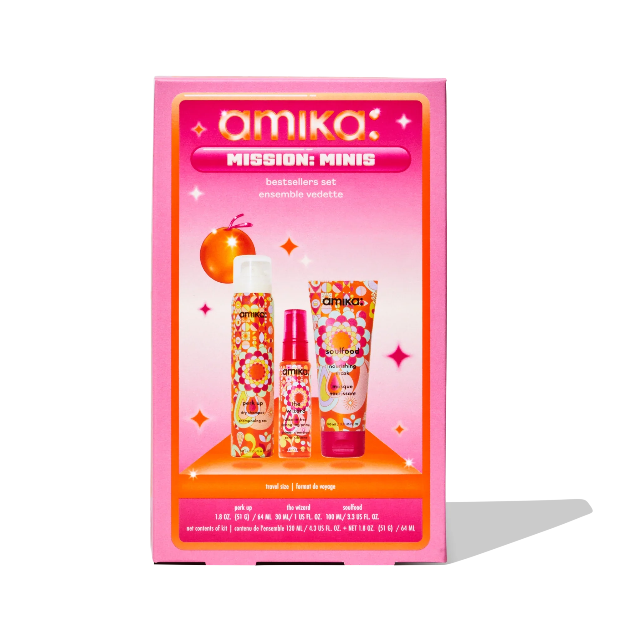 Amika Mission Minis skincare set in pink display box with two bottles