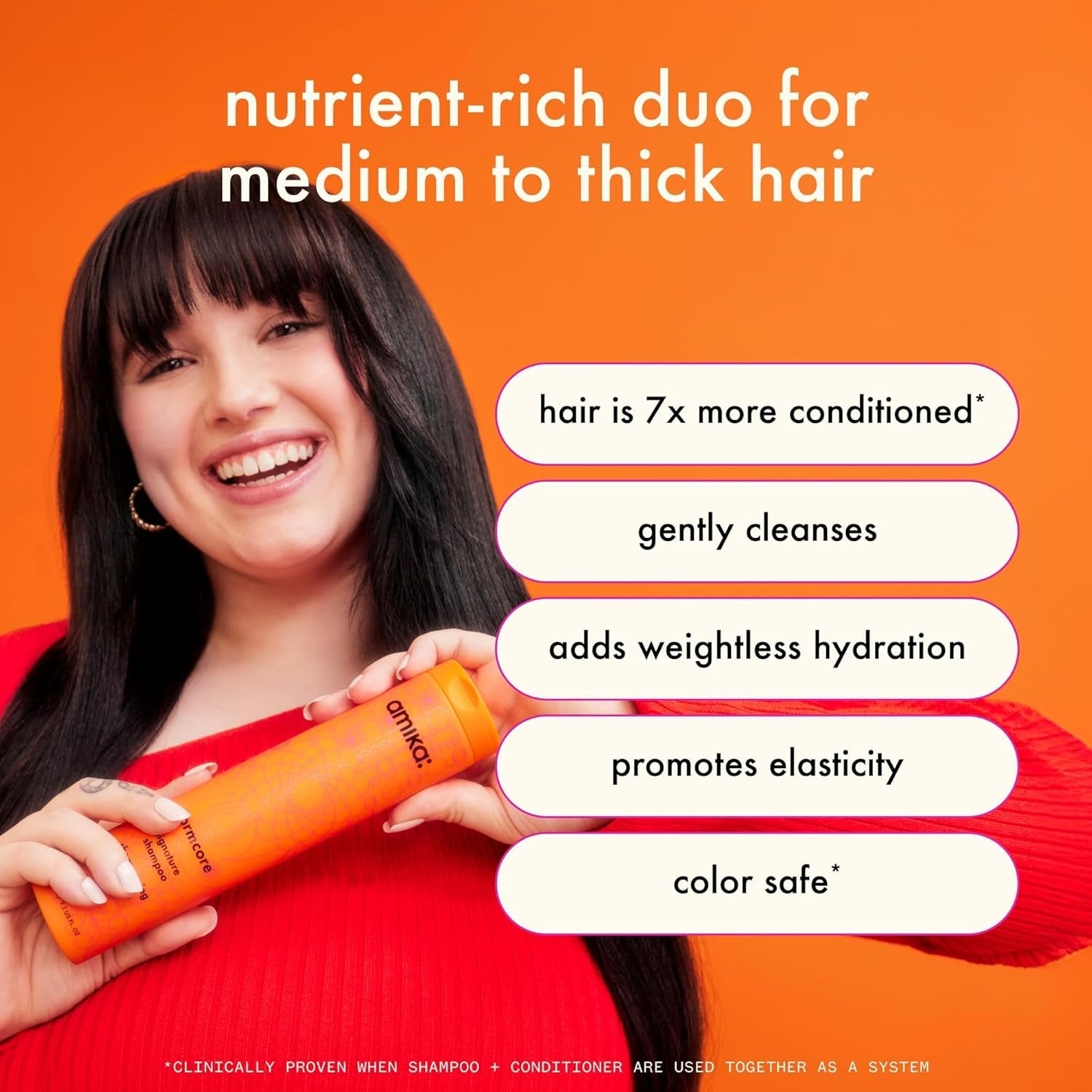 Shampoo bottle held by smiling woman; benefits callouts for medium to thick hair