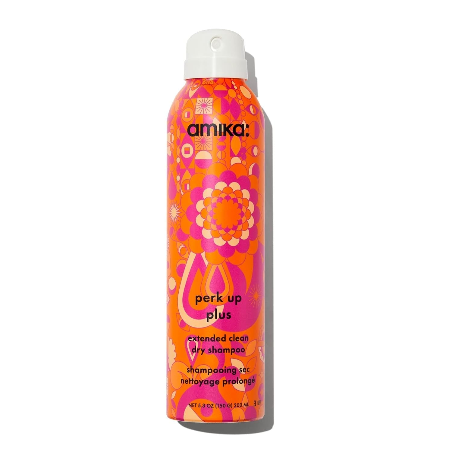 Amika perk up plus extended clean dry shampoo bottle, front view, with white cap