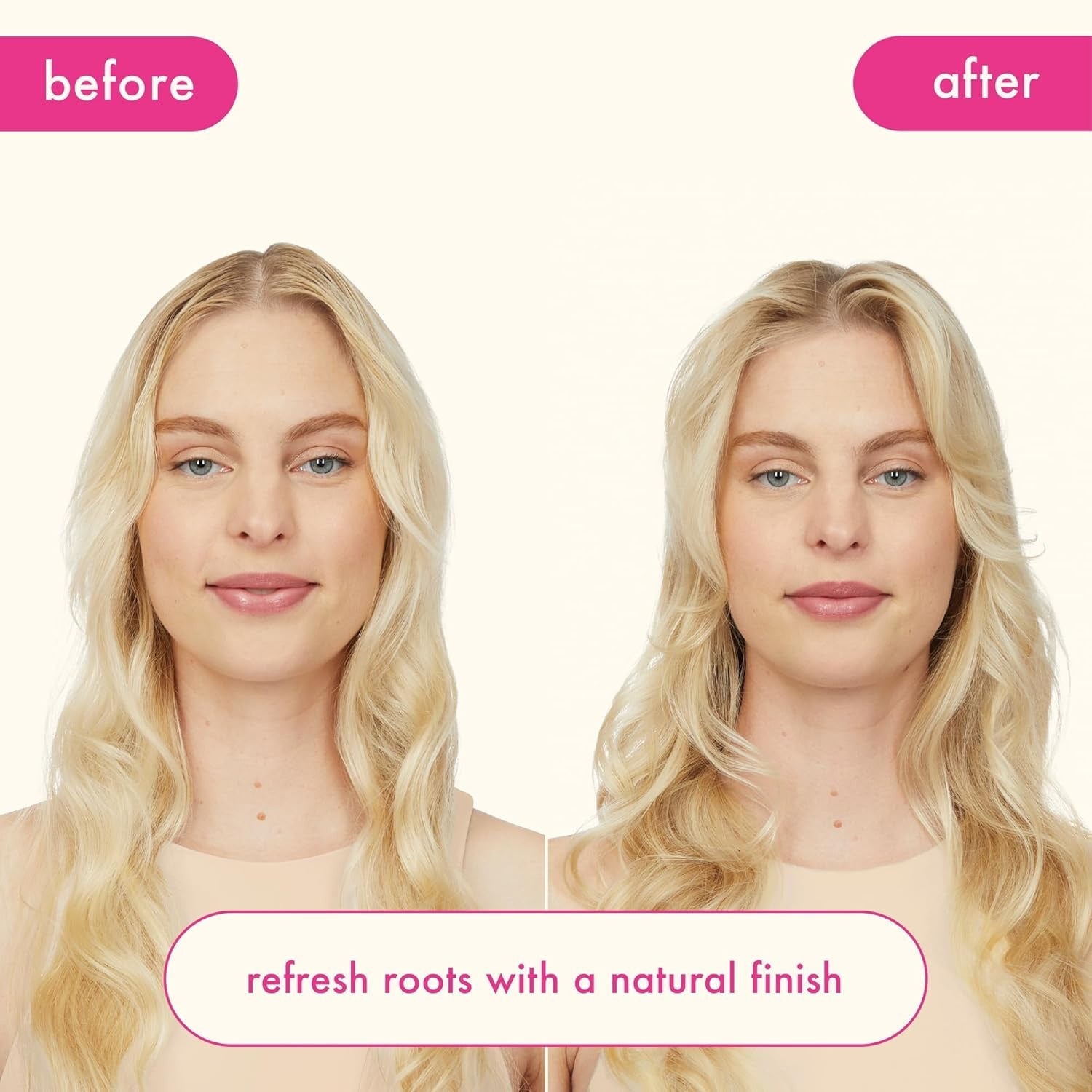 Woman before-and-after with refreshed roots and a natural finish