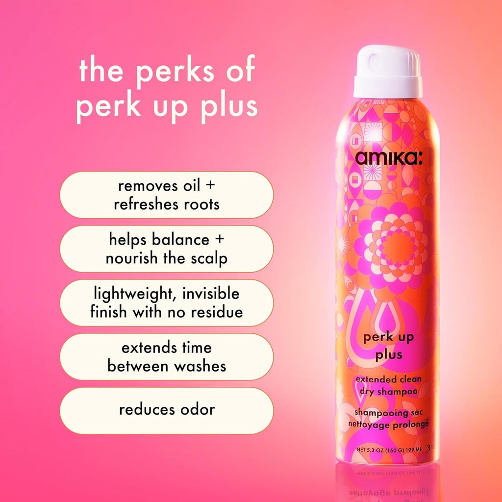 Amika dry shampoo bottle with colorful pattern and white spray cap