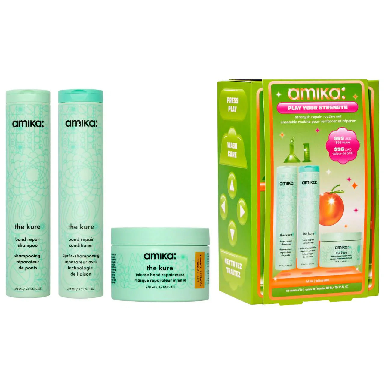 amika hair repair routine set with bottles, jar, and box packaging