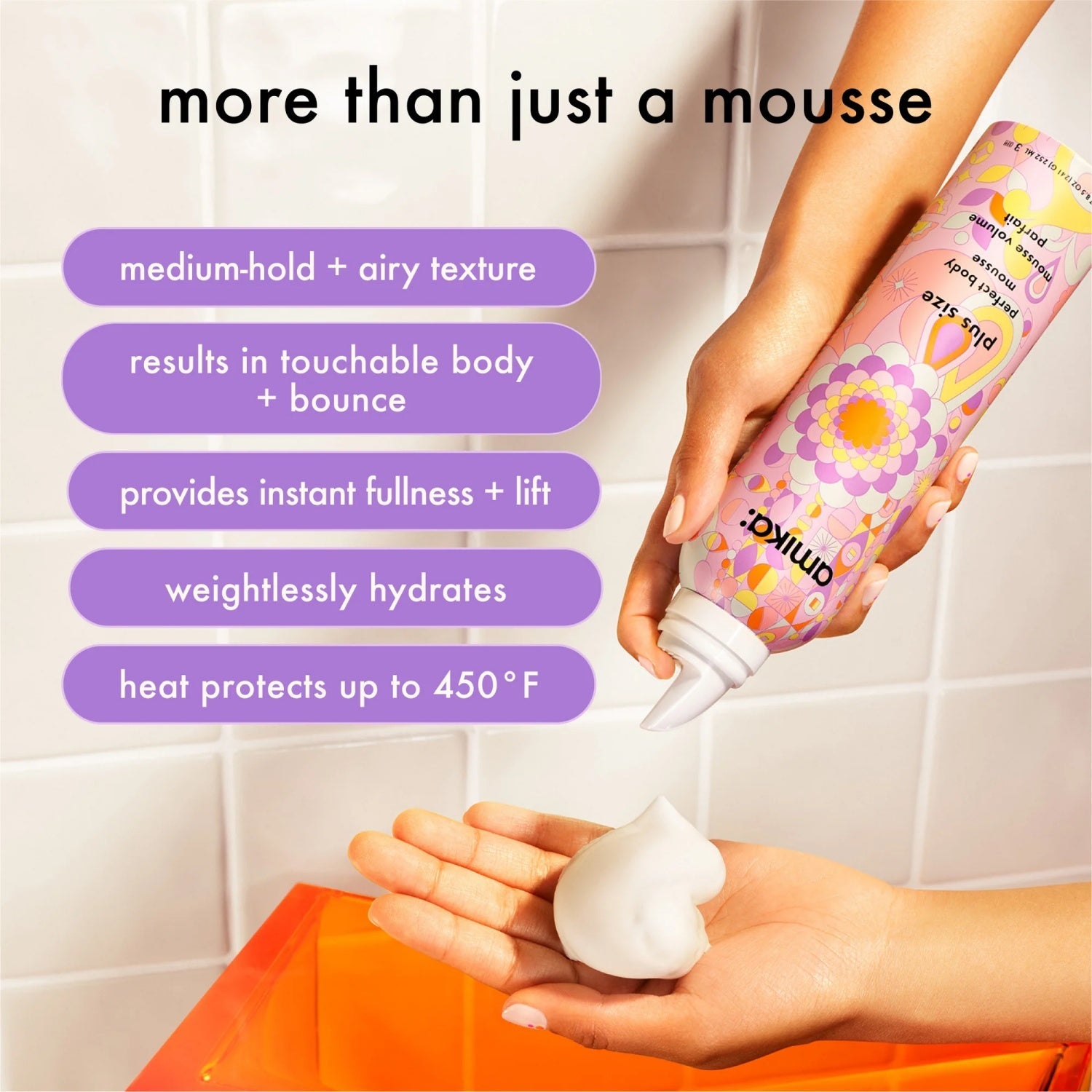 White mousse on hands, with bottle applying on skin