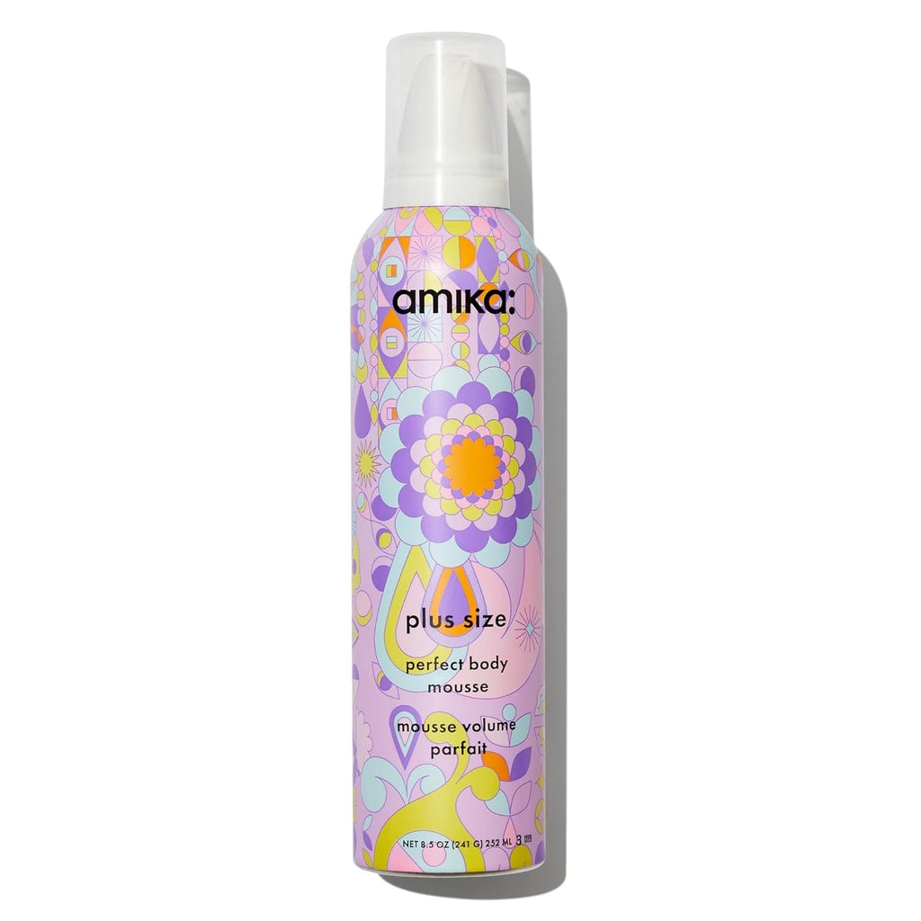 Amika plus size perfect body mousse bottle with floral label, 8.5 oz