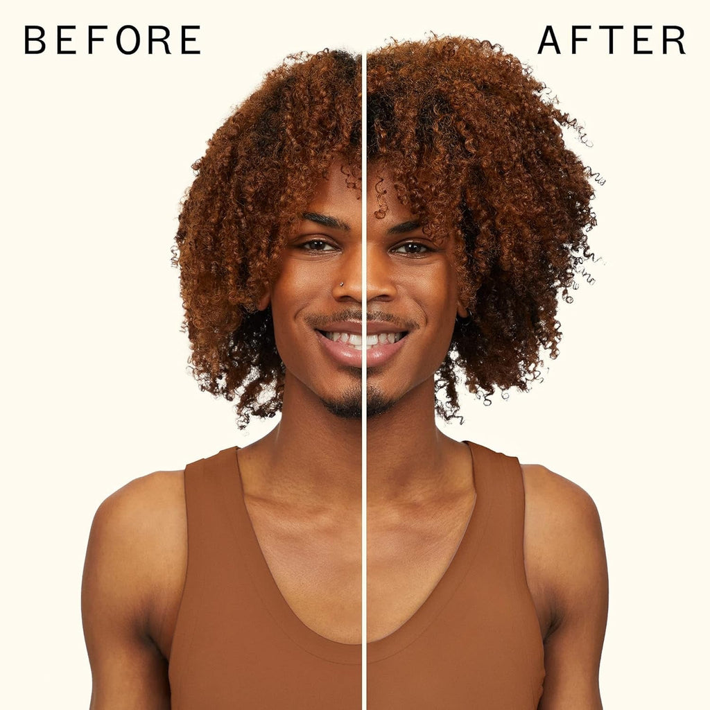 Curls on model split with BEFORE and AFTER, showing refreshed texture