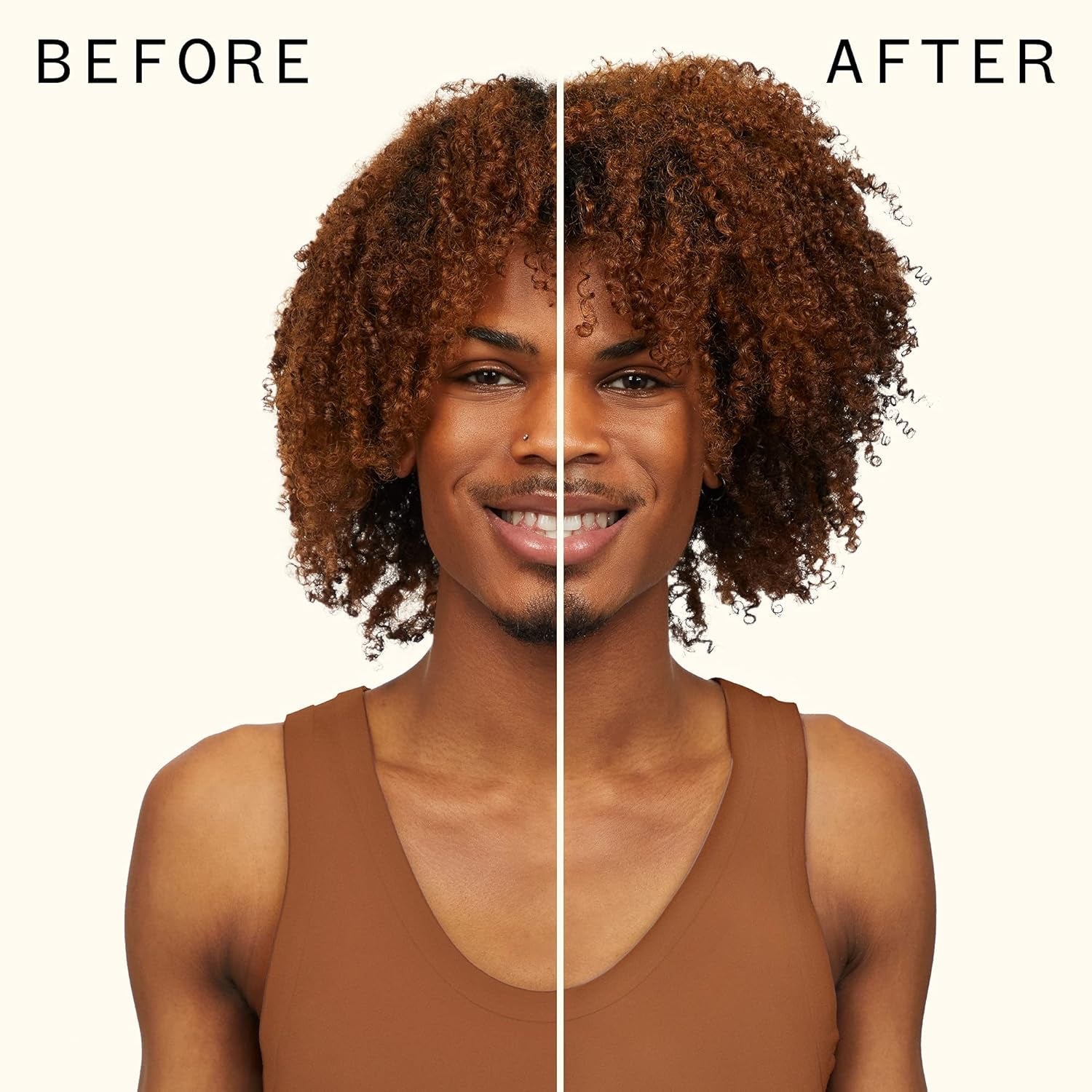 Curls on model split with BEFORE and AFTER, showing refreshed texture