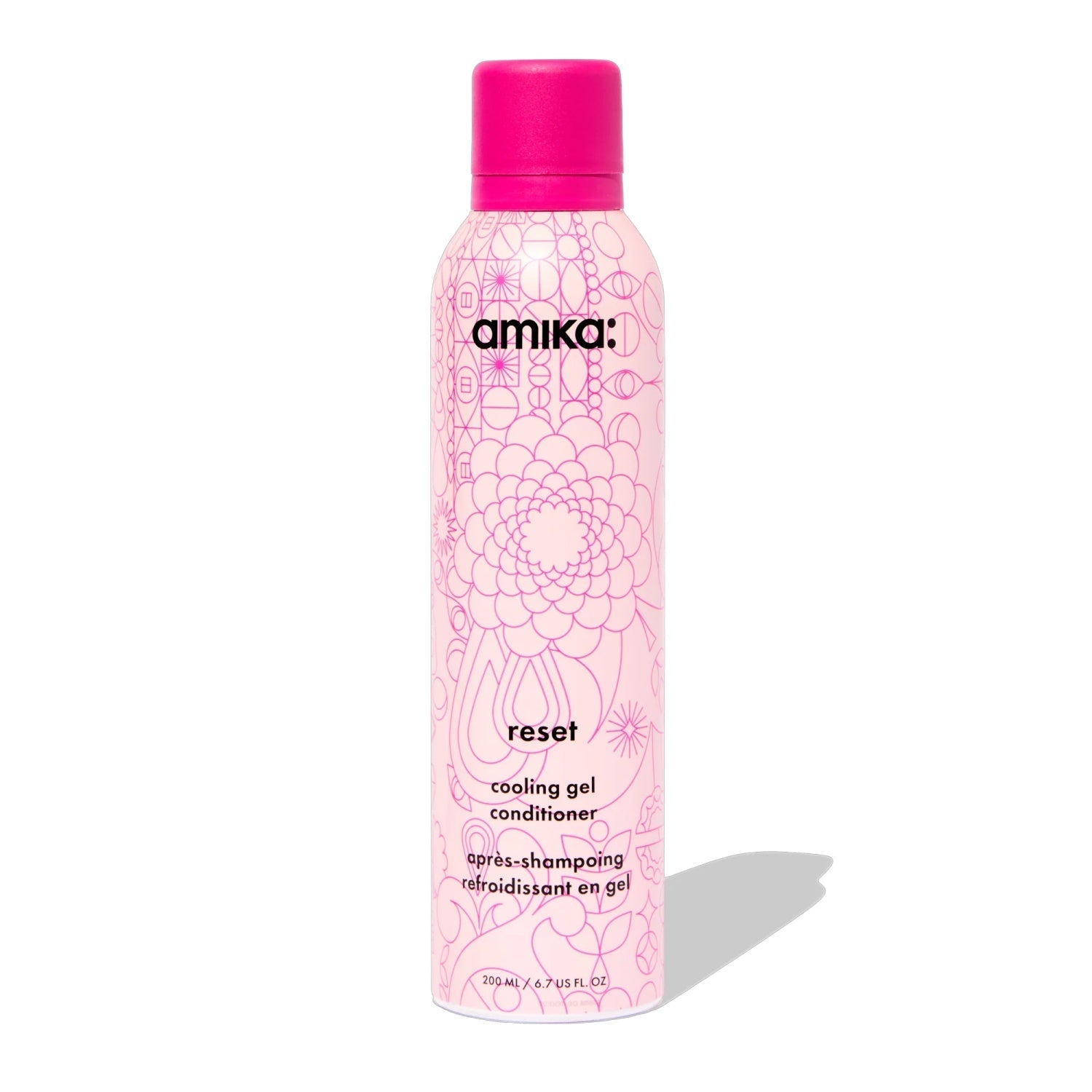 Amika Reset cooling gel conditioner bottle with magenta flip-top cap, pink floral label