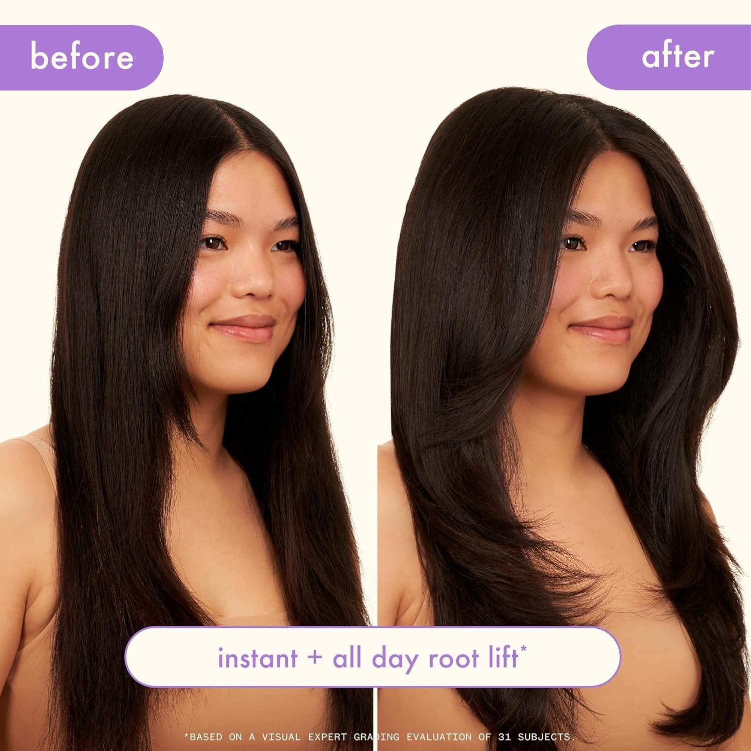 Volumizing finishing spray shown with before-and-after fuller, smooth hair on both sides.