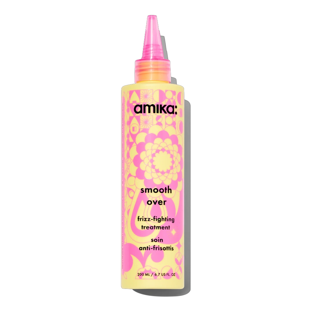 Amika Smooth Over frizz-fighting treatment mask bottle, pink flower label, 6.7 oz