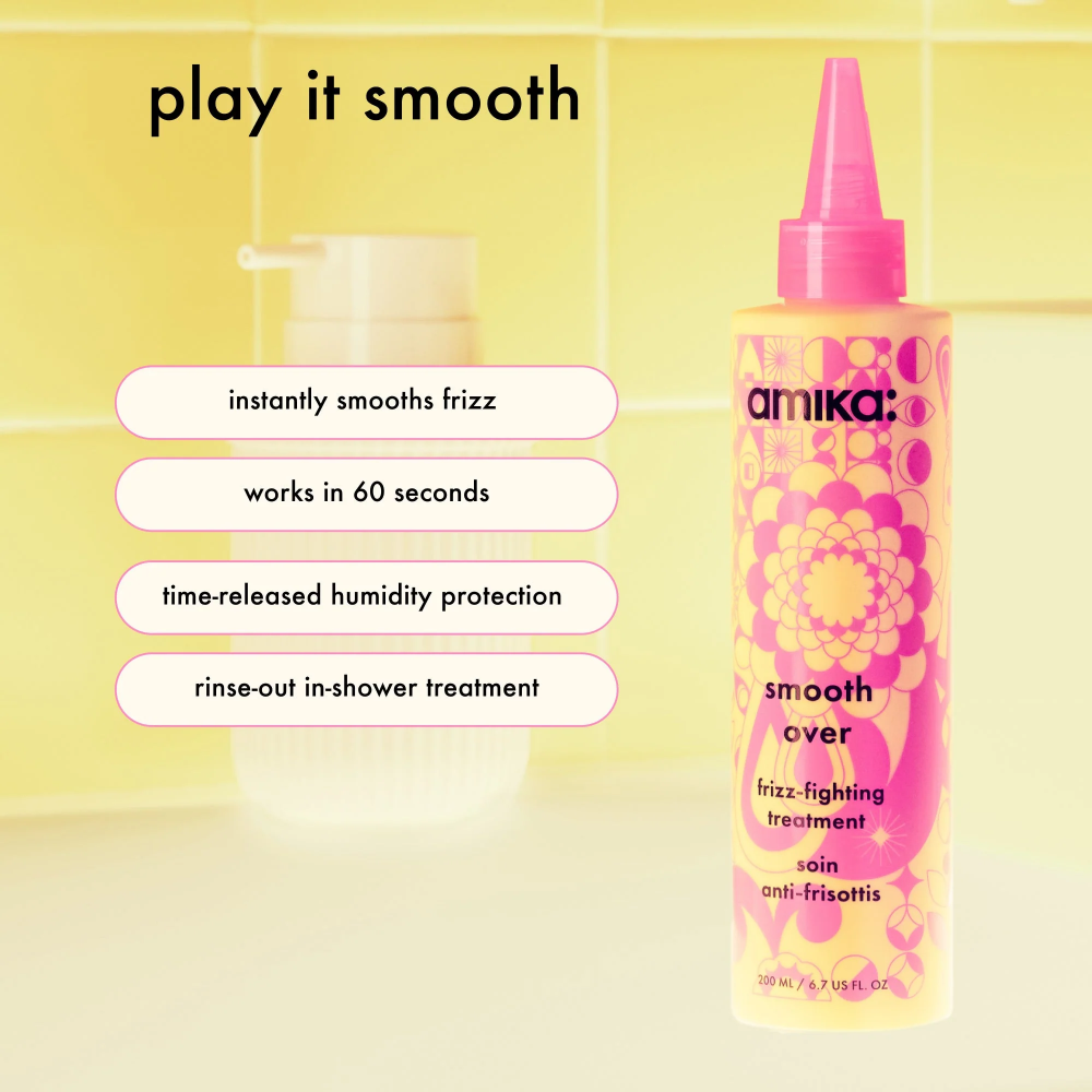 Amika frizz-fighting treatment mask bottle, pink cap, smooth-over feature callouts