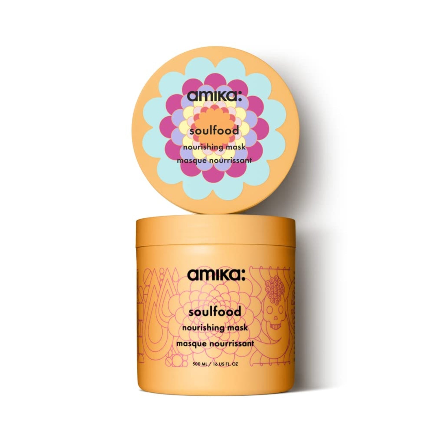 Amika Soulfood nourishing hair mask set: round orange jar with matching lid