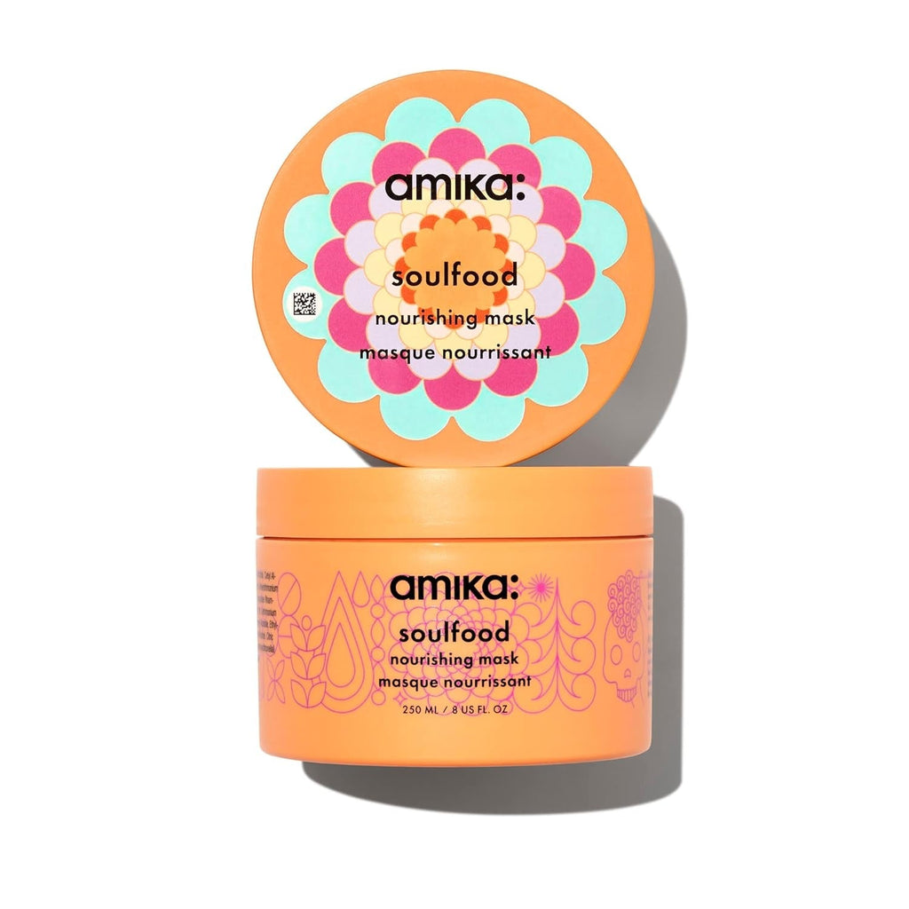 Amika Soulfood nourishing hair mask, orange tub with floral label and lid