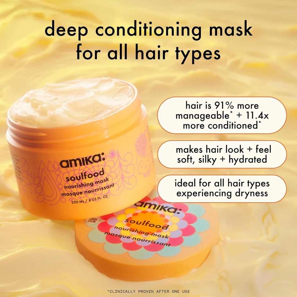 Amika Soulfood nourishing hair mask, orange tubs and lid with decorative flower graphic