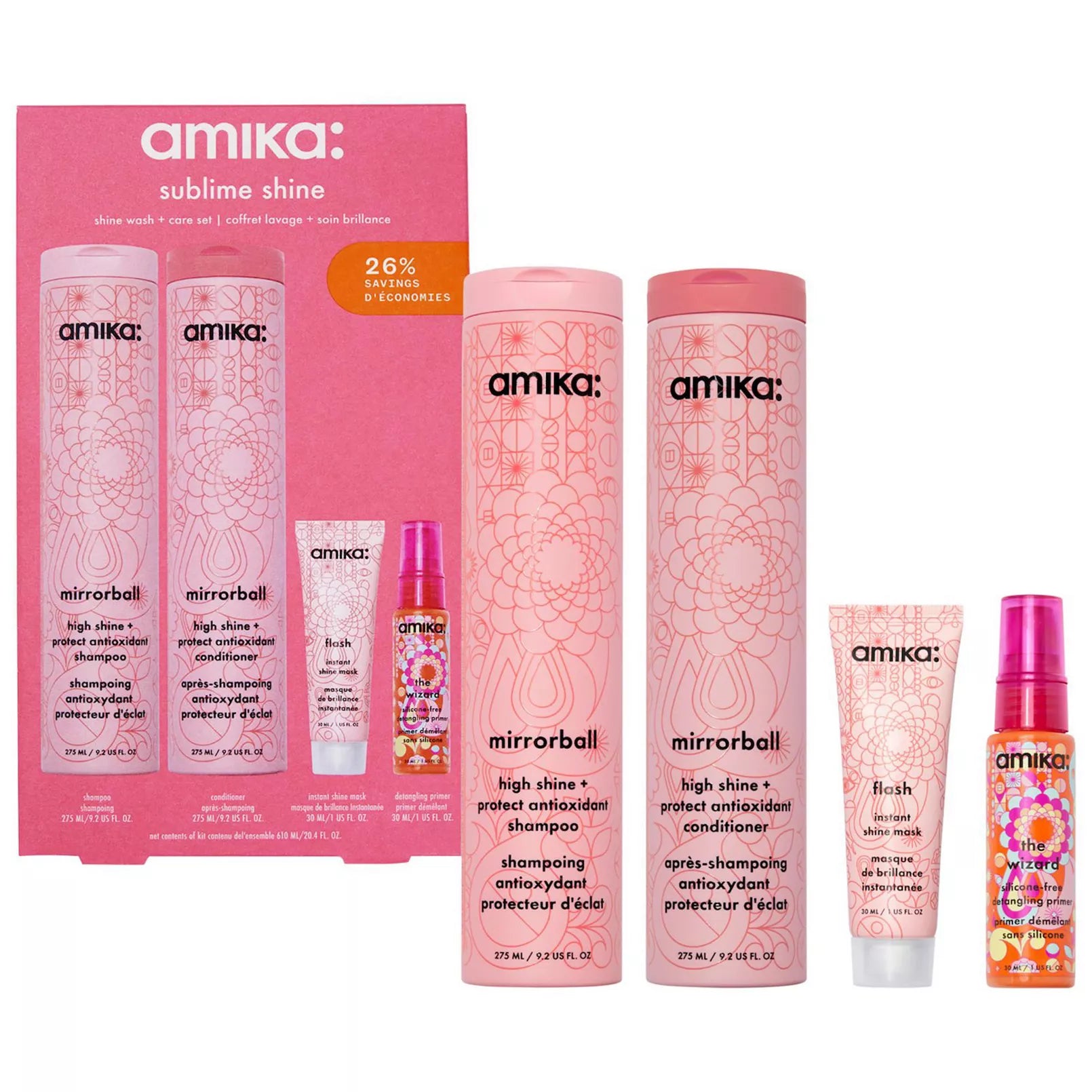 Amika hair care set with pink bottles, including shampoo, conditioner, and hair mist spray
