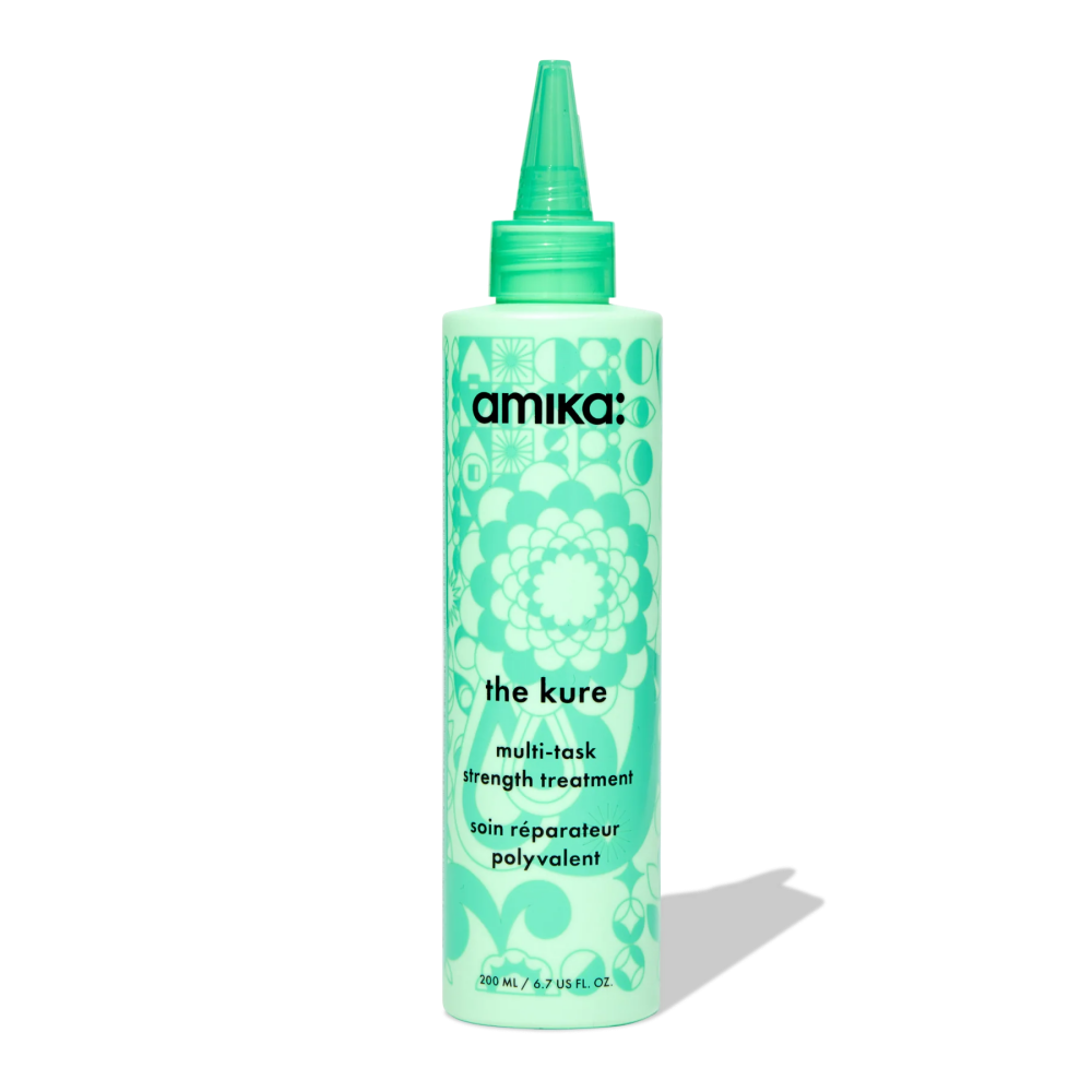 Amika hair treatment bottle, teal with green cap, 6.7 fl oz (200 ml)