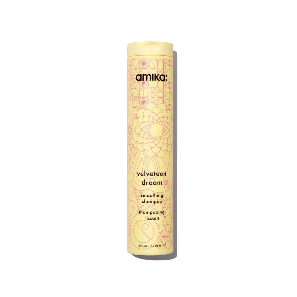 Amika velveteen dream smoothing shampoo bottle, pale yellow with flip-top cap