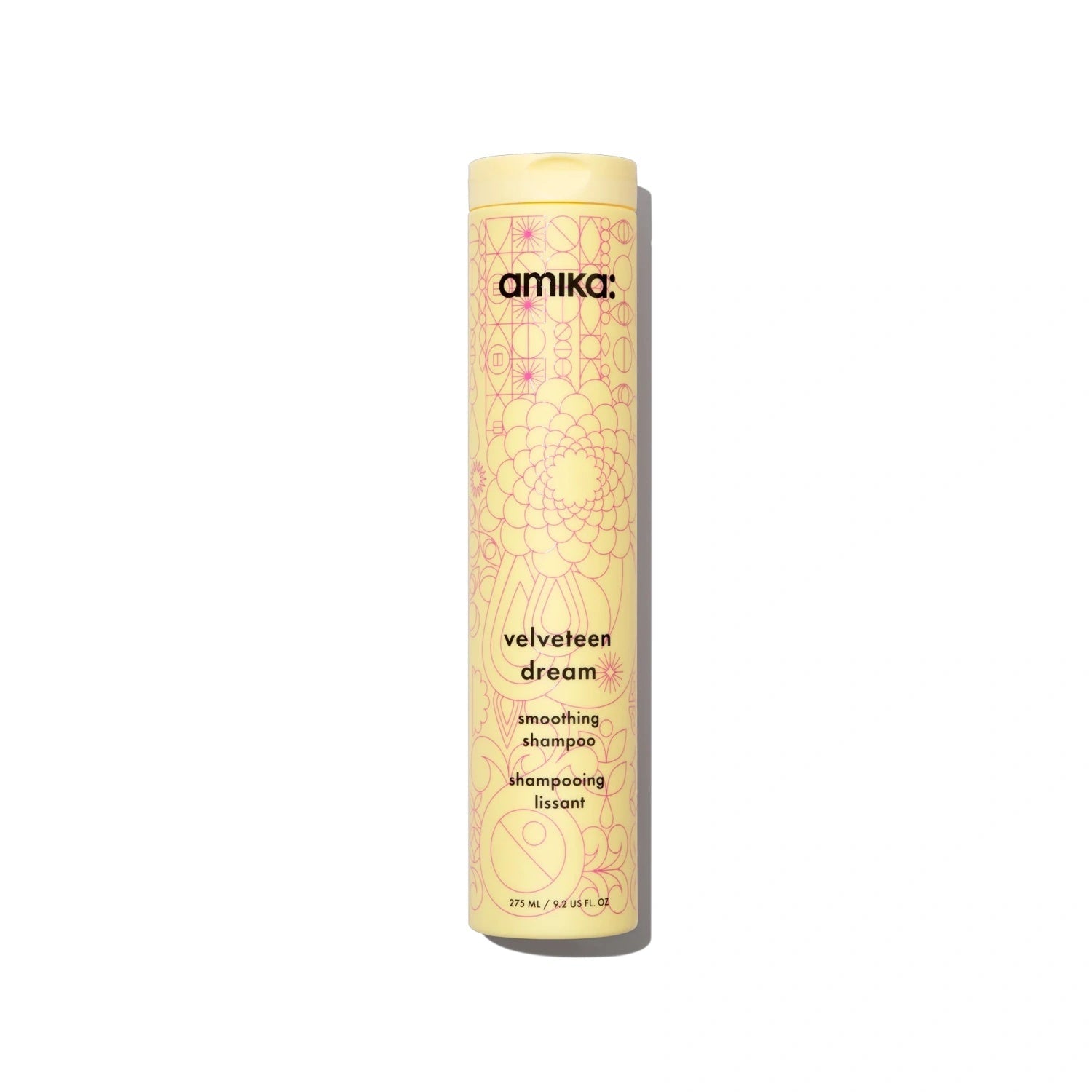 Amika velveteen dream smoothing shampoo bottle, pale yellow with flip-top cap