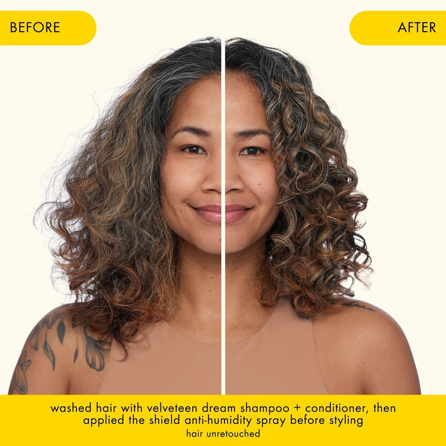 Curly hair before-and-after split, left washed, right smoother after velveteen dream