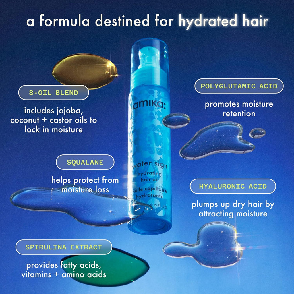 Amika Water Sign hydrating hair oil bottle with surrounding droplets and oil details