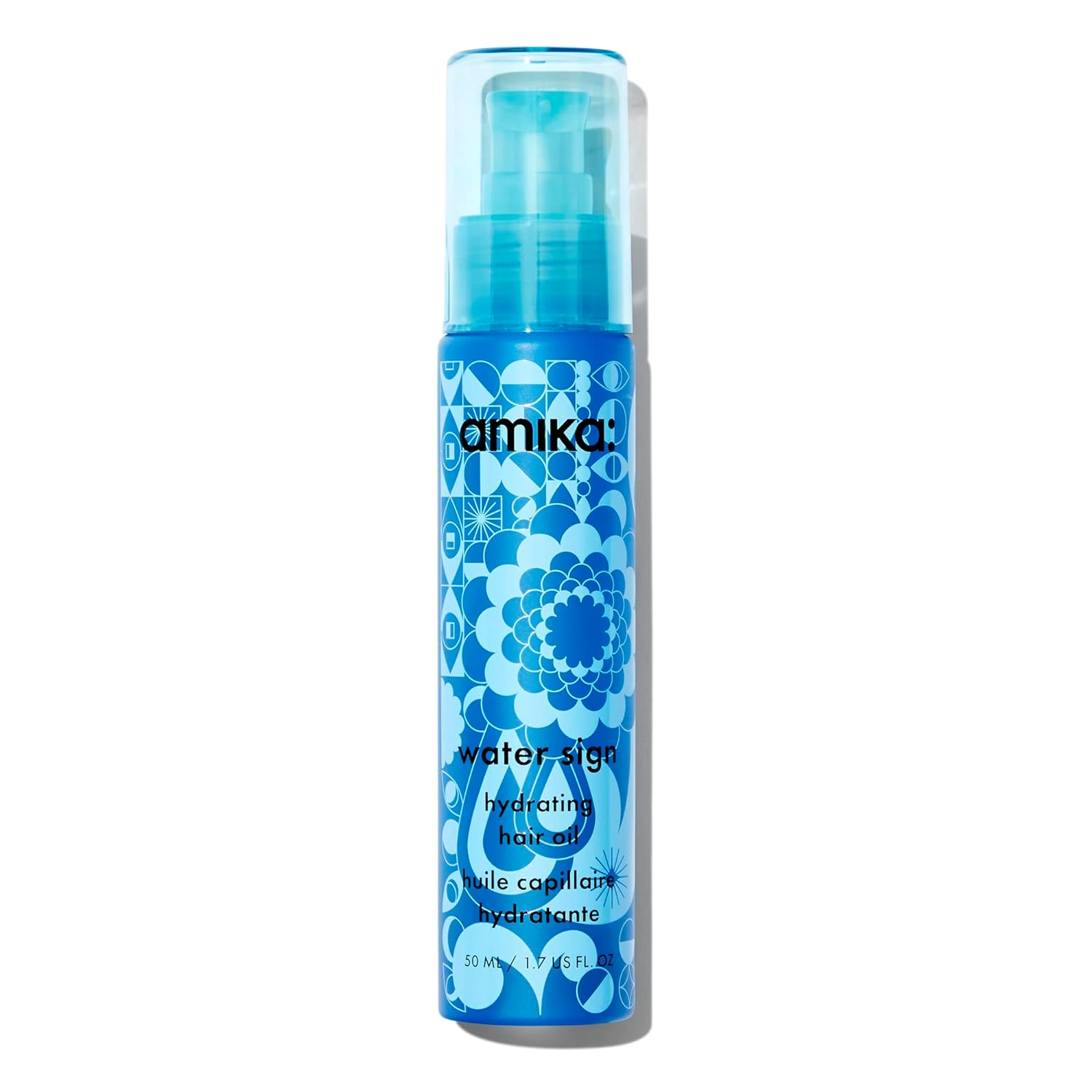 Amika hair oil bottle with blue pump and Water Sign floral label