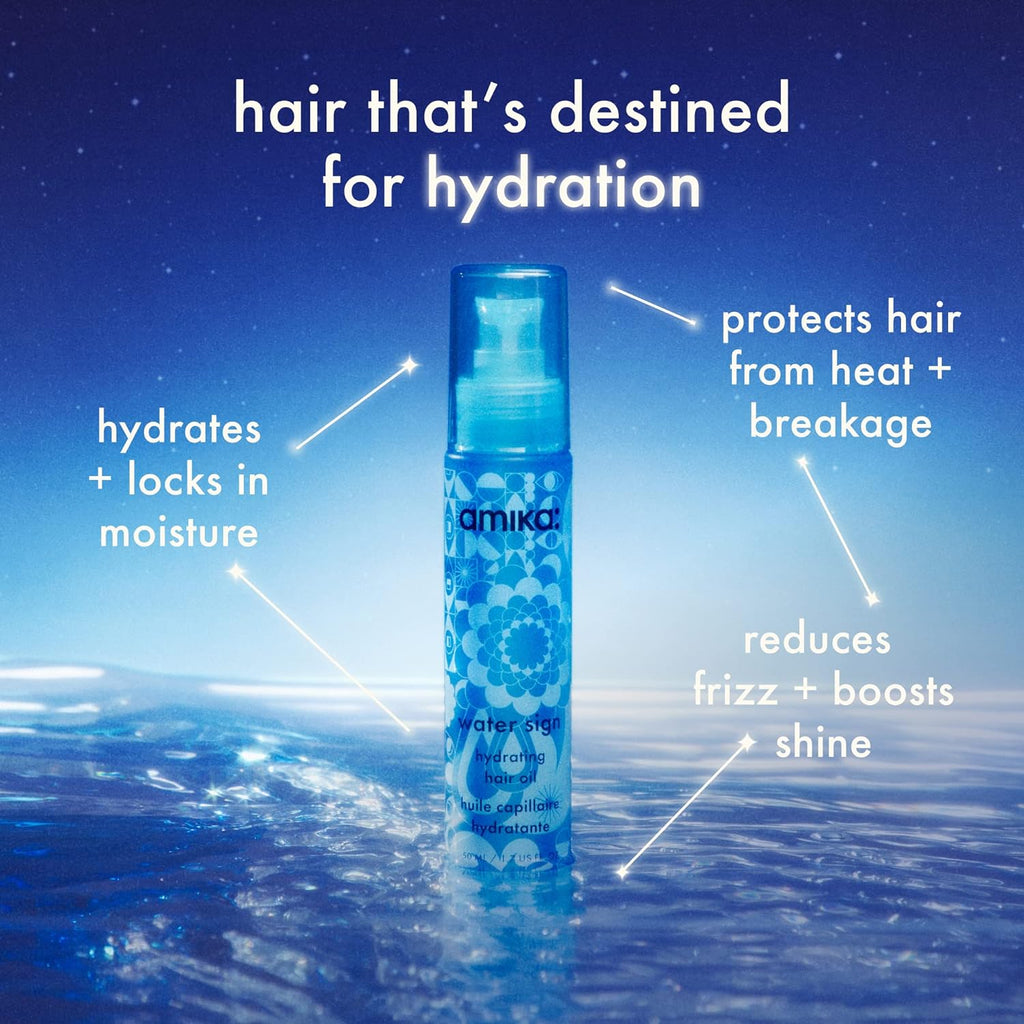 Blue Amika Water Sign hydrating hair oil bottle with spray pump
