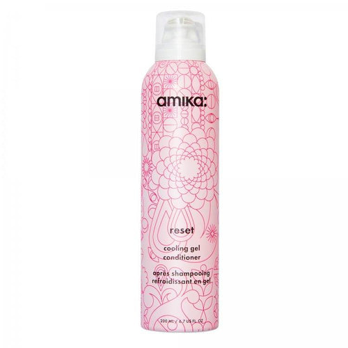 Amika reset cooling gel conditioner bottle with pink patterned label, 6.7 oz