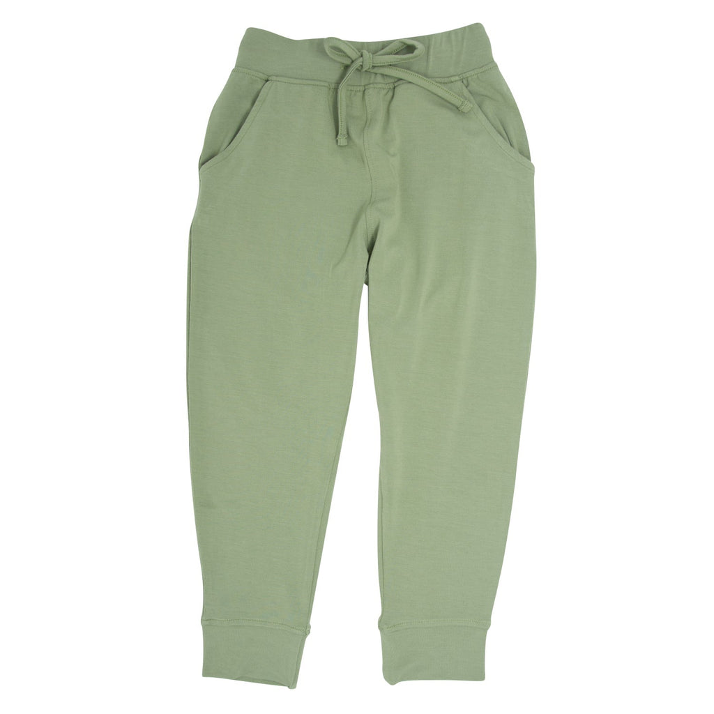 Kids army green pocket jogger pants with drawstring waist and cuffed ankles