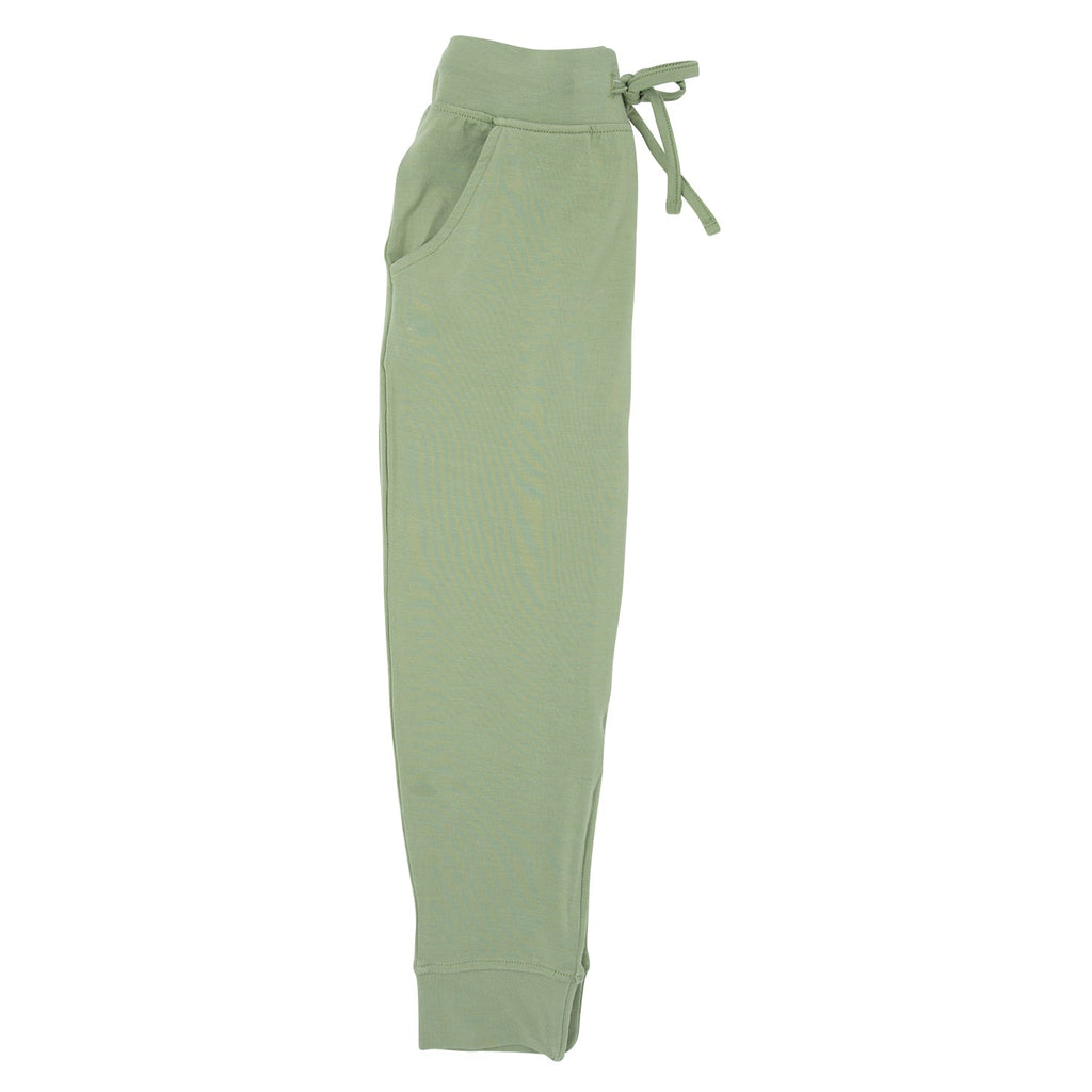 Kids army green jogger pants, side view, drawstring waist and cuffed hem