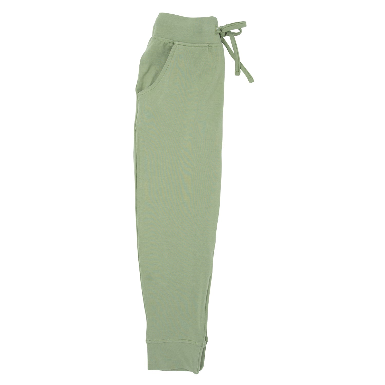 Kids army green jogger pants, side view, drawstring waist and cuffed hem