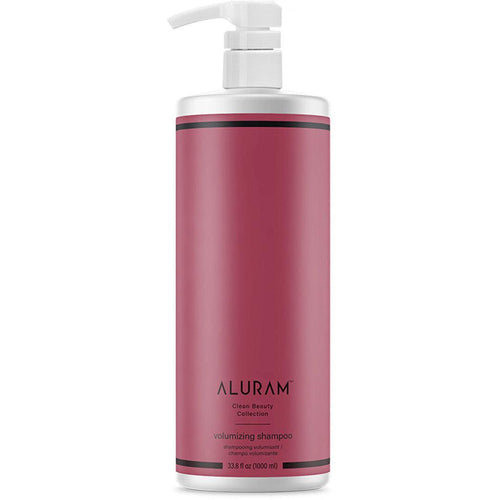 Volumizing shampoo bottle with pump dispenser, maroon label