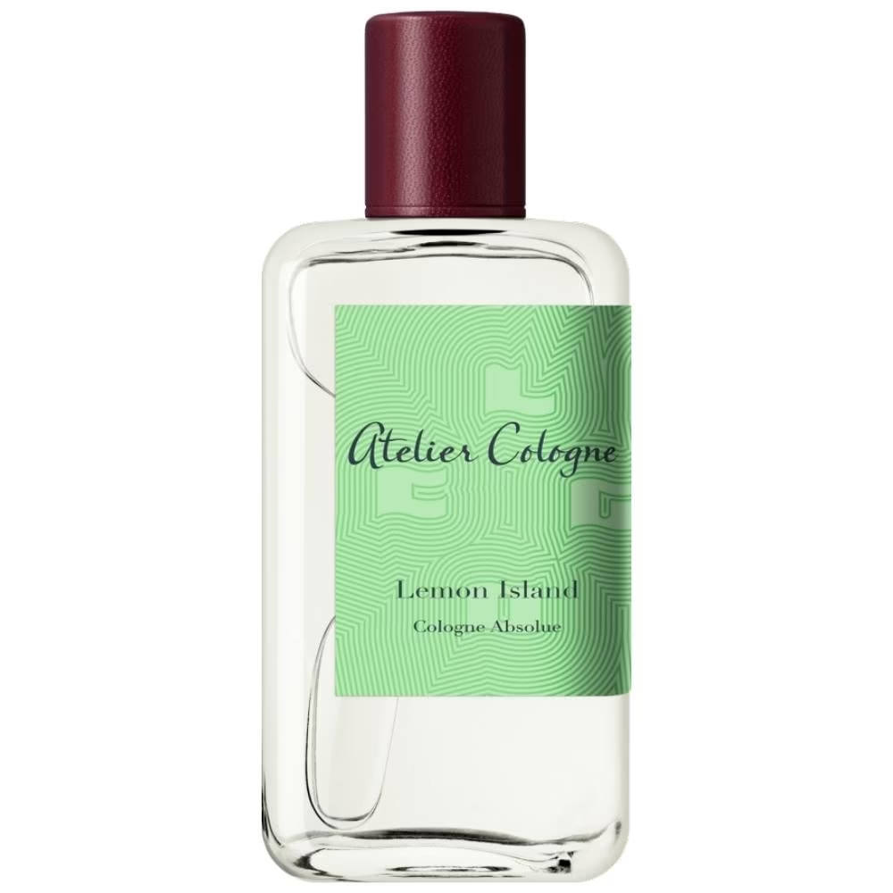 Perfume bottle with maroon cap and green Lemon Island label