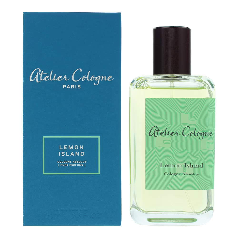 Perfume set with blue box and clear bottle with black cap, Lemon Island label