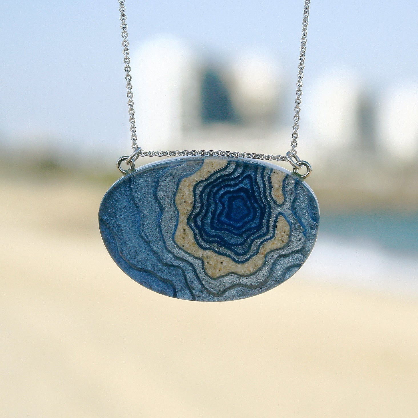 Silver Atoll Pendant Necklace – Aqua & Ultramarine Resin with Sand Design