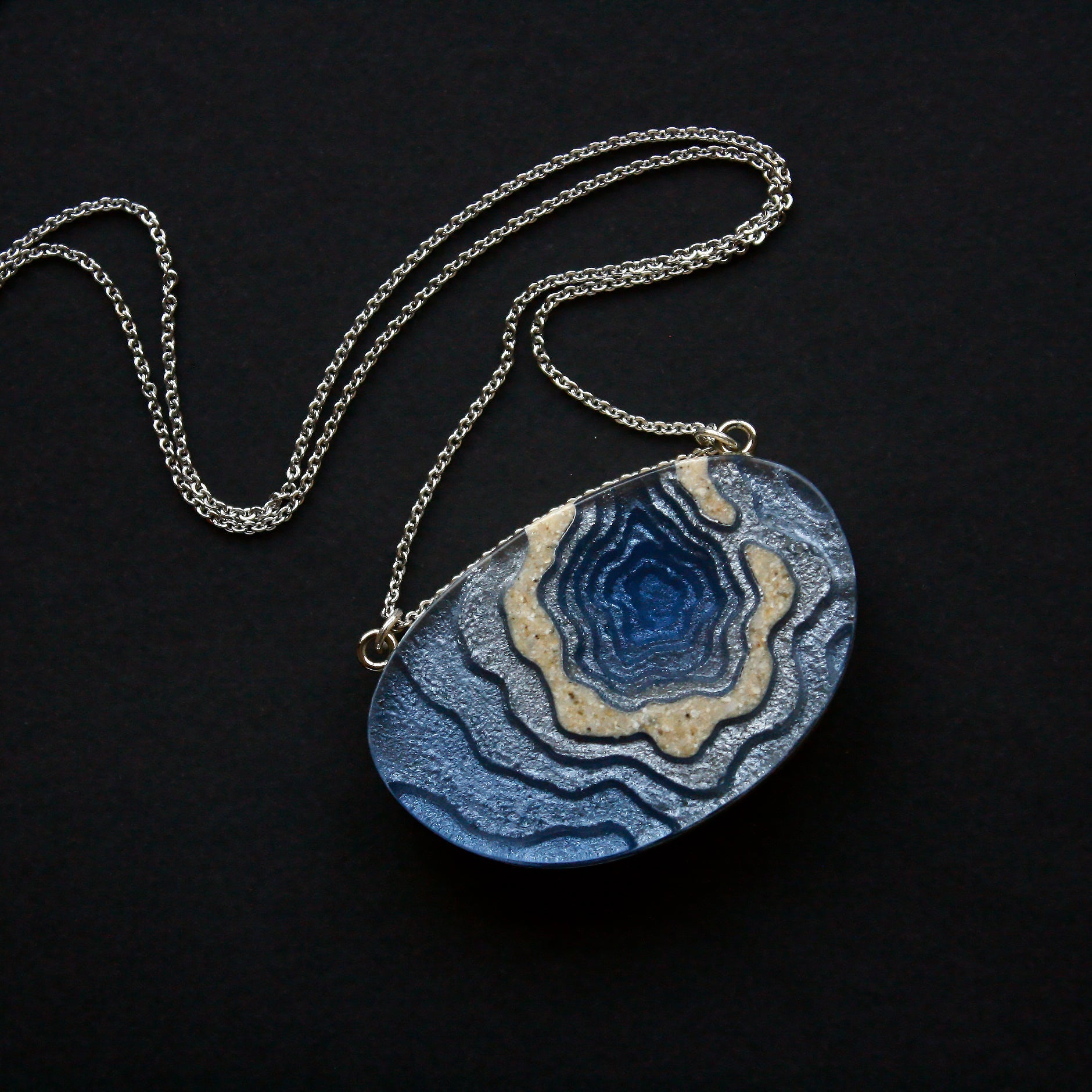 Silver Atoll Pendant Necklace – Aqua & Ultramarine Resin with Sand Design