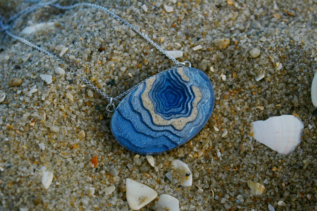 Silver Atoll Pendant Necklace – Aqua & Ultramarine Resin with Sand Design