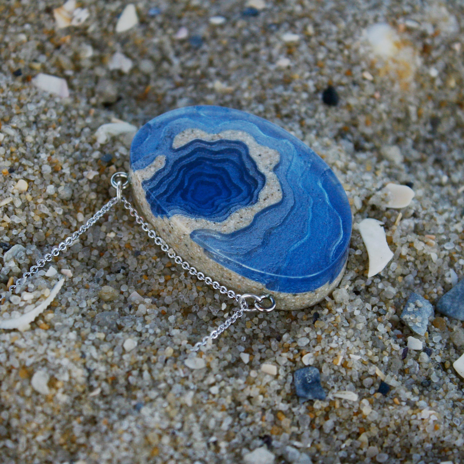 Silver Atoll Pendant Necklace – Aqua & Ultramarine Resin with Sand Design