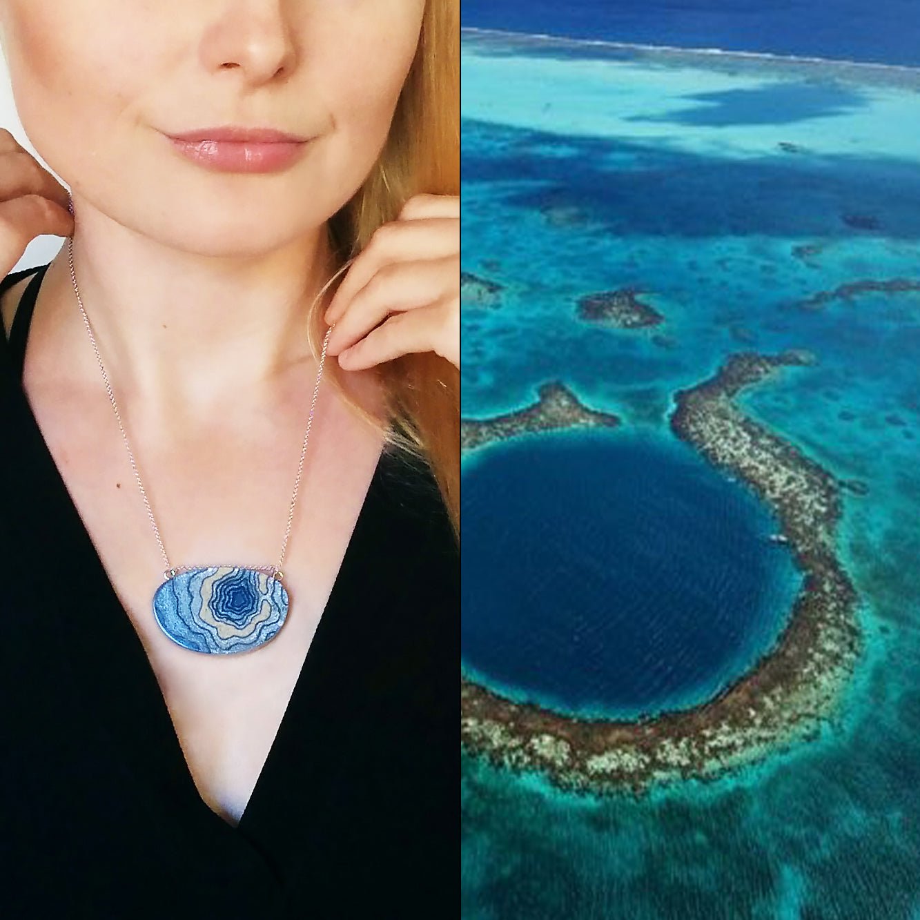 Silver Atoll Pendant Necklace – Aqua & Ultramarine Resin with Sand Design