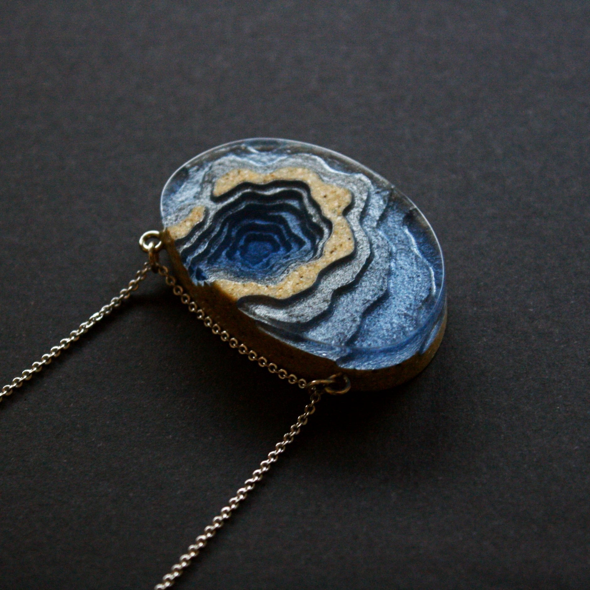 Silver Atoll Pendant Necklace – Aqua & Ultramarine Resin with Sand Design