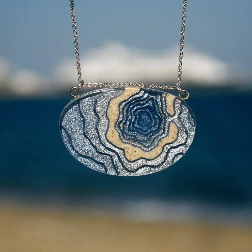 Silver Atoll Pendant Necklace – Aqua & Ultramarine Resin with Sand Design